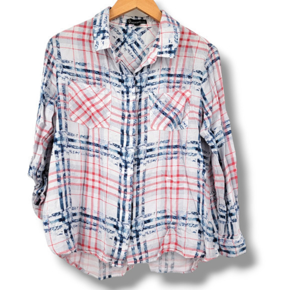 Signature Studio Women's Plaid Button Down Roll‎ Tab Sleeve Shirt Red White Blue